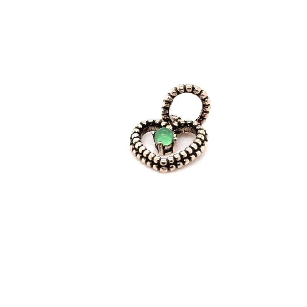 Pandora Sterling Silver Beaded Heart Green Stone Dangle Charm S925 ALE